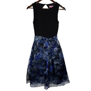 Eliza J Fit and Flare Dress Black and Floral Organza Skirt Belted NEW, size 4